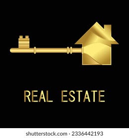 Golden shiny house key on black background. vector illustration