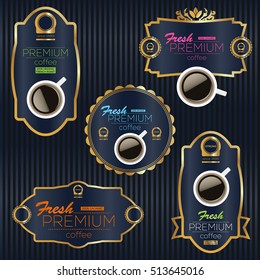 Golden and shiny label for premium coffee product. Realistic cup with luxury look.