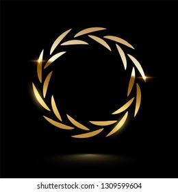 Golden shiny laurel wreath isolated on black background. Vector design element.