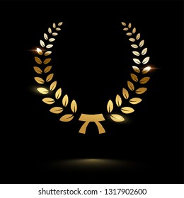 Golden shiny laurel wreath isolated on black background. Vector design element.