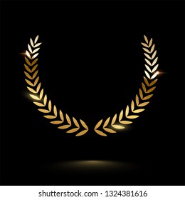 Golden shiny laurel wreath isolated on black background. Vector design element