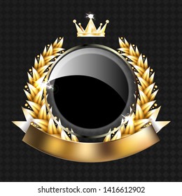 Golden shiny laurel wreath in retro style on transparent background with a crown. Decorative vector template frame.