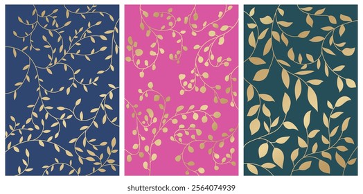 Golden shiny leaves, jungle leaves seamless fabric pattern and poster background set. tiny leaf with many branches, elegant and luxury embroidery
