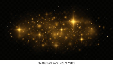 Golden shiny light effect. Sparkling magical dust particles. The dust sparks and golden stars shine with special light on transparent background.