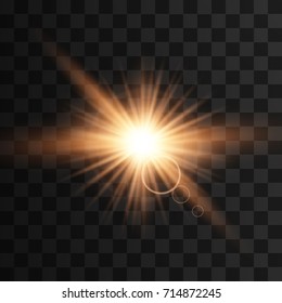 Golden shiny lights and tinsel with the effect of lenses on a transparent background.