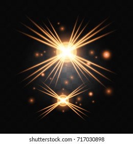 Golden shiny lights and tinsel with the effect of lenses on a transparent background