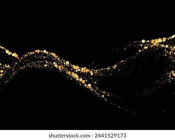 Golden shiny magic vector waves with golden particles isolated on black background. A brilliant bright trail, a wave flow.