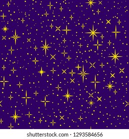 Golden shiny magical cartoon stars on dark purple sky, childish seamless pattern, vector