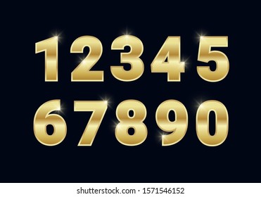 Golden shiny metal numbers set, gold font signs isolated on black background. Luxury fashion typography design for decoration, web, design, advert. Vector illustration