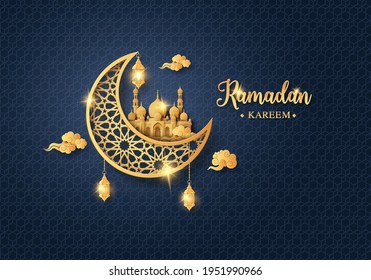  Golden shiny moon with hanging lantern and mosque ,Ramadan Kareem greeting card ,paper cut , paper collage style with digital craft .