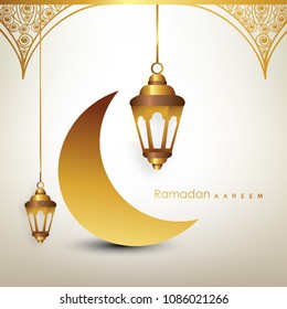 Golden Shiny Moon with Lanterns, Vintage Ornate Vector Illustration.