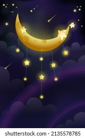 Golden shiny moon with sleeping stars and rainbow at night, poster with clouds stars and a crescent. Cute moon and stars lullaby vertical wallpaper. Vector illustration of night sky for children.