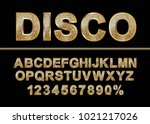 Golden shiny mosaic in disco ball style. Alphabet font and numbers.