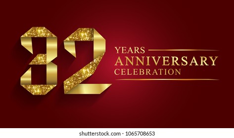 Golden shiny mosaic in disco ball style. 32nd anniversary logo. Vector abstract background. 