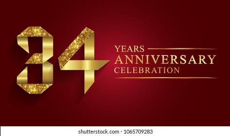 Golden shiny mosaic in disco ball style. 34th anniversary logo. Vector abstract background. 