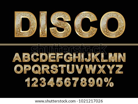 Golden shiny mosaic in disco ball style. Alphabet font and numbers.