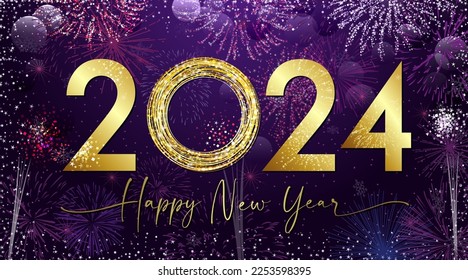 Golden shiny number 2024 and handwritten style text. A Happy New year greeting card concept with glittering background. Christmas night eve celebrating poster. Isolated elements. Graphic design.