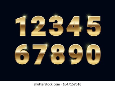 Golden shiny numbers set, gold font signs isolated on black background. Luxury fashion metallic yellow typography design for decoration, design, web, advert, greeting card. Vector illustration.