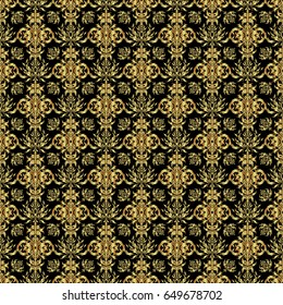 Golden shiny ornament on black background, damask seamless pattern, abstract shapes. Vector illustration.