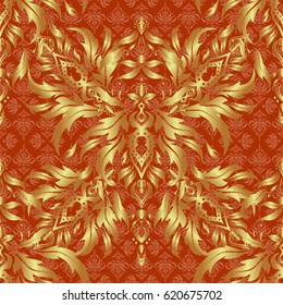 Golden shiny ornament on brown background, damask seamless pattern, abstract shapes. Vector illustration.