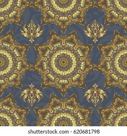 Golden shiny ornament on gray background, damask seamless pattern, abstract shapes. Vector illustration.