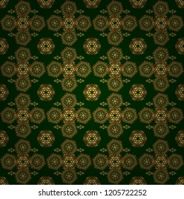 Golden shiny ornament on green background, damask seamless pattern, abstract shapes. Vector illustration.