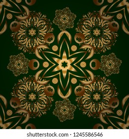 Golden shiny ornament on green background, damask seamless pattern, abstract shapes. Vector illustration.