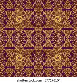 Golden shiny ornament on purple background, damask seamless pattern, abstract shapes. Vector illustration.