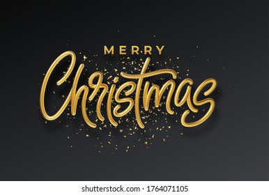 Golden shiny realistic 3d inscription Merry Christmas isolated on black background. Vector illustration EPS10