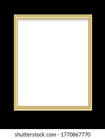 Golden shiny realistic glowing frame isolated over black background. Gold metal luxury blank rectangle border. Vector background illustration template.