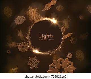 Golden shiny ring shaped frame with falling snowflakes vector background.