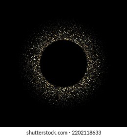 Golden shiny round frame on a black background. Magic light ring. Christmas bright fiery glitter. Christmas decoration glowing wreath.