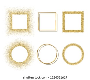 Marcos redondos y cuadrados dorados con sombras aisladas en fondo blanco. Conjunto de fronteras de lujo vectorial y realista