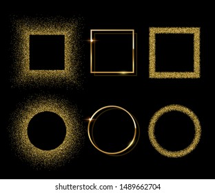 Golden shiny round and square frames with shadows isolated on black background. Vector golden luxury realistic border set