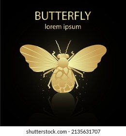 Golden shiny shining butterfly on a black background. Vector illustration for wedding invitations, cards, branding, label, banner, concept design. Vector illustration.