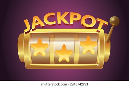 Golden shiny slot machine. Jackpot golden lettering, vector cartoon casino illustration