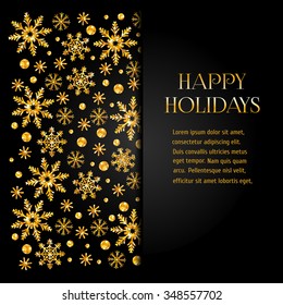 Golden shiny snowflakes on a black background on the left side and space for your text on the right. Beautiful greeting card or background for your design.
