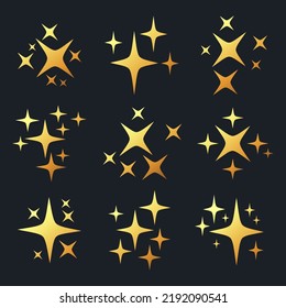 Golden shiny sparkle stars, flash lights glitter sparks. Twinkling gold sparkles, shiny stars silhouettes flat vector symbols illustration set. Glitter shimmering stars