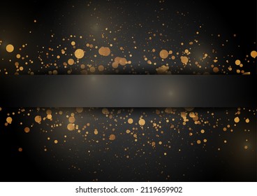 Golden shiny sparkling particles on black background. Vector design