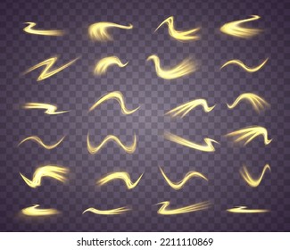 Golden shiny spiral wave. Curved yellow line twirl. Glittering wavy trail. Swirling dynamic neon circle. Rotating speed ring. Magic gold whirlwind with flare sparkles. Glow swirl light effect. Vector