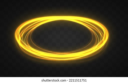 Golden shiny spiral wave. Curved yellow line twirl. Glittering wavy trail. Swirling dynamic neon circle. Rotating speed ring. Magic gold whirlwind with flare sparkles. Glow swirl light effect. Vector