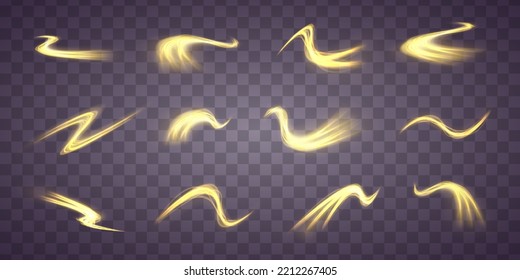 Golden shiny spiral wave. Curved yellow line twirl. Glittering wavy trail. Swirling dynamic neon circle. Rotating speed ring. Magic gold whirlwind with flare sparkles. Glow swirl light effect. Vector