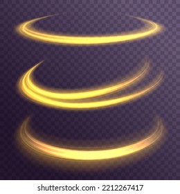 Golden shiny spiral wave. Curved yellow line twirl. Glittering wavy trail. Swirling dynamic neon circle. Rotating speed ring. Magic gold whirlwind with flare sparkles. Glow swirl light effect. Vector
