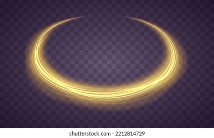 Golden shiny spiral wave. Curved yellow line twirl. Glittering wavy trail. Swirling dynamic neon circle. Rotating speed ring. Magic gold whirlwind with flare sparkles. Glow swirl light effect. Vector