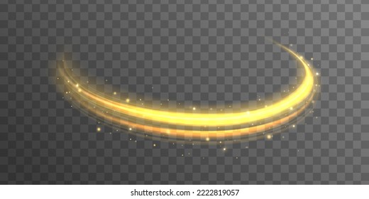 Golden shiny spiral wave sparks. Curved yellow speed line twirl. Glittering wavy trail. Swirling dynamic neon circle. Magic gold whirlwind with flare sparkles. Glow swirl light bokeh effect. Vector	