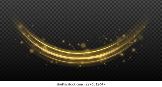 Golden shiny spiral wave sparks. Curved yellow speed line twirl. Glittering wavy trail. Swirling dynamic neon circle. Magic gold whirlwind with flare sparkles. Glow swirl light bokeh effect. Vector