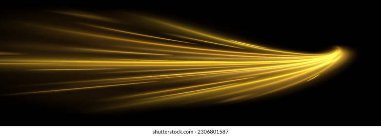 Golden shiny spiral wave sparks. Curved yellow speed line twirl. Glittering wavy trail. Swirling dynamic neon circle. Magic gold whirlwind with flare sparkles. Glow swirl light bokeh effect.
