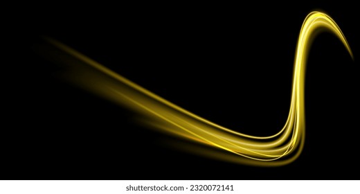Golden shiny spiral wave sparks. Curved yellow speed line twirl. Glittering wavy trail. Swirling dynamic neon circle. Magic gold whirlwind with flare sparkles. Glow swirl light bokeh effect.Vector png