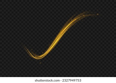 Golden shiny spiral wave sparks. Curved yellow speed line twirl. Glittering wavy trail. Swirling dynamic neon circle. Magic gold whirlwind with flare sparkles. Glow swirl light bokeh effect.Vector png
