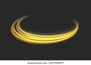 Golden shiny spiral wave sparks. Curved yellow speed line twirl. Glittering wavy trail. Swirling dynamic neon circle. Magic gold whirlwind with flare sparkles. Glow swirl light bokeh effect. Vector